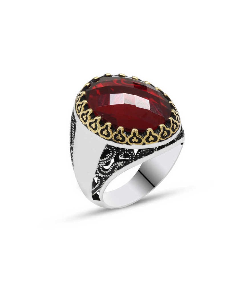 Gümüş Kırmızı Zirkon Taşlı Erkek Yüzük