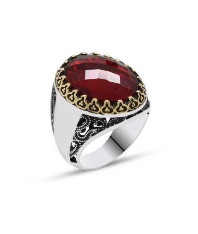 Gümüş Kırmızı Zirkon Taşlı Erkek Yüzük