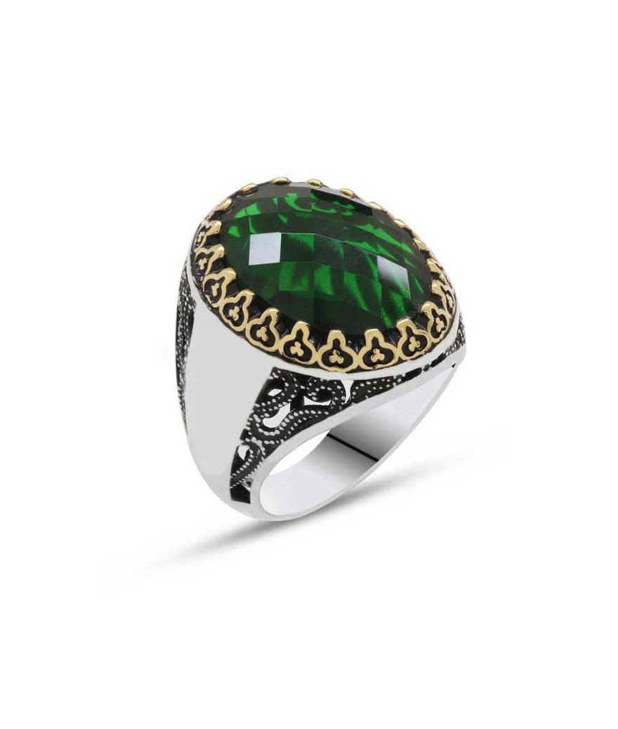 Gümüş Yeşil Zirkon Taşlı Erkek Yüzük