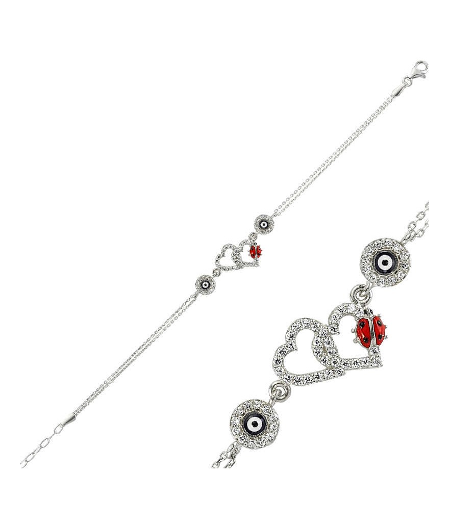 Gümüş Uğur Böcekli Kalp Nazar Bayan Bileklik
