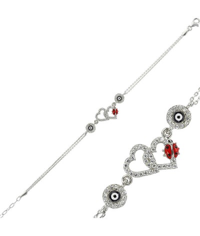 Gümüş Uğur Böcekli Kalp Nazar Bayan Bileklik