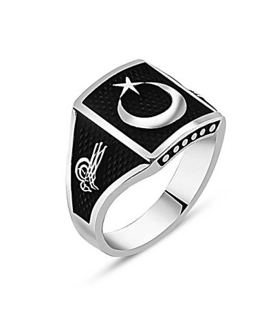 Gümüş Tuğralı Ay Yıldız Erkek Yüzük