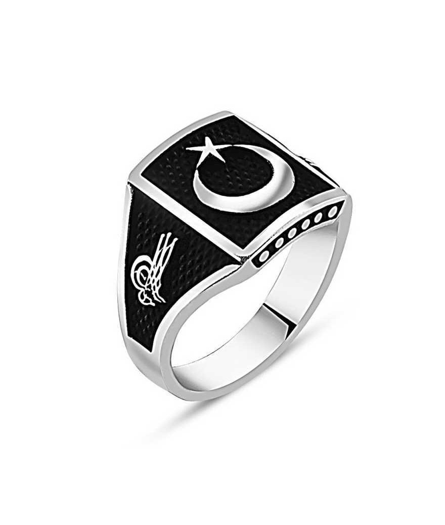 Gümüş Tuğralı Ay Yıldız Erkek Yüzük