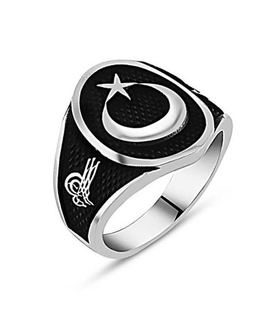 Gümüş Tuğralı Ay Yıldız Erkek Yüzük