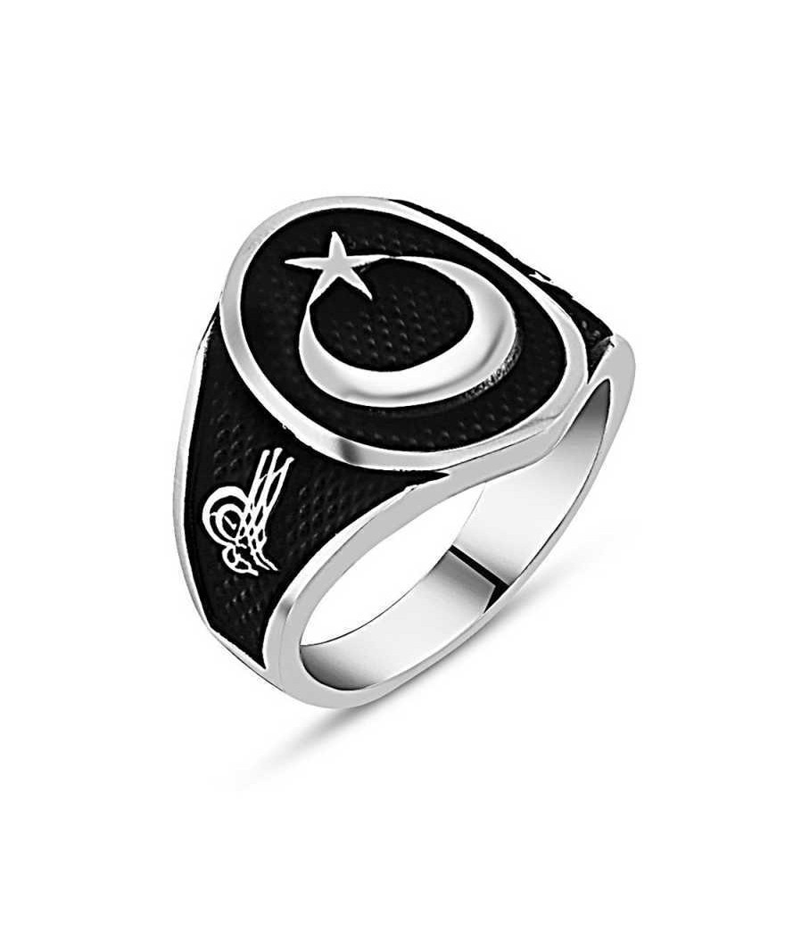 Gümüş Tuğralı Ay Yıldız Erkek Yüzük