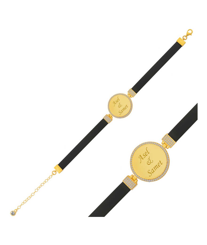 Gümüş Kişiye Özel Siyah Kayışlı Plaka Bileklik