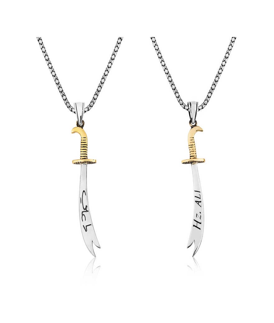 Gümüş Zülfikar Kılıcı Hz. Ali Yazılı Erkek Kolye