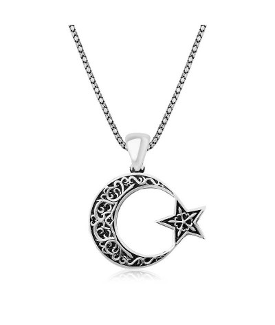 Gümüş Desenli Ay Yıldız Erkek Kolye