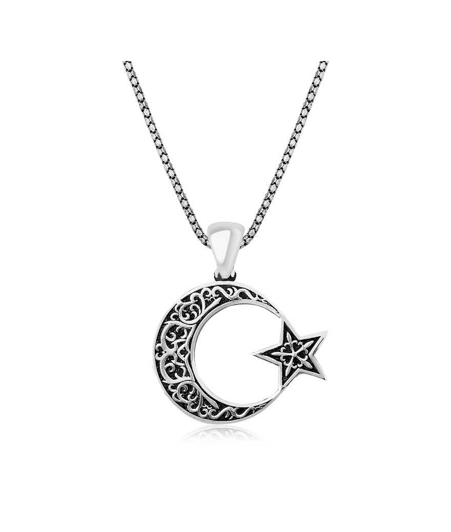 Gümüş Desenli Ay Yıldız Erkek Kolye