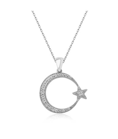 Gümüş Ay Yıldız Bayan Kolye