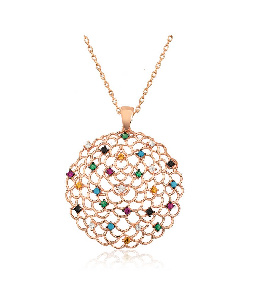 Gümüş Geometrik Desenli Madalyon Kolye