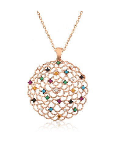 Gümüş Geometrik Desenli Madalyon Kolye