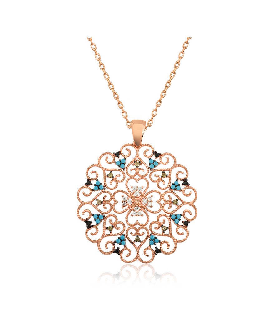 Gümüş Etnik Desenli Madalyon Kolye