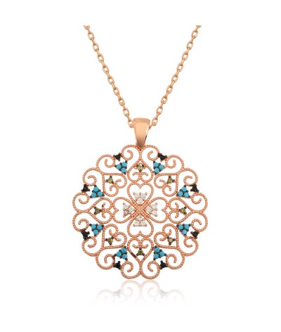 Gümüş Etnik Desenli Madalyon Kolye