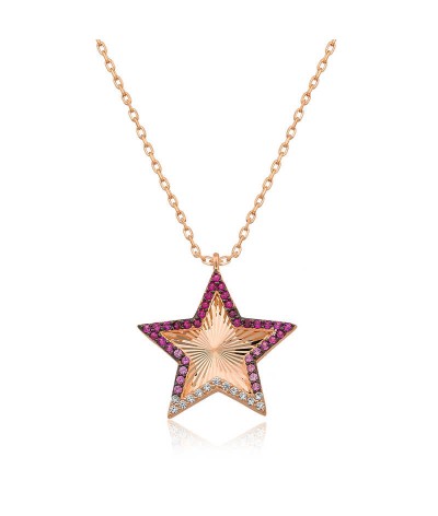 Gümüş Pembe Fırfır Desenli Yıldız Bayan Kolye