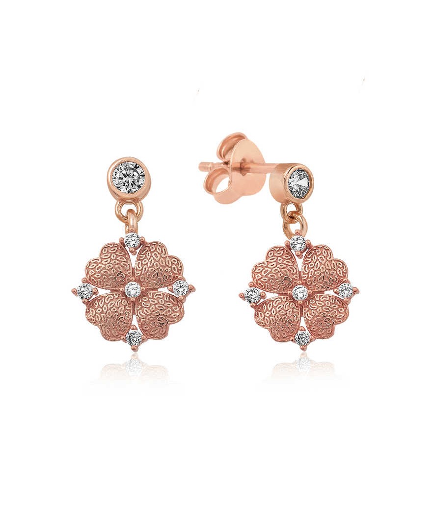 Gümüş Kalp Yapraklı Çiçek Küpe