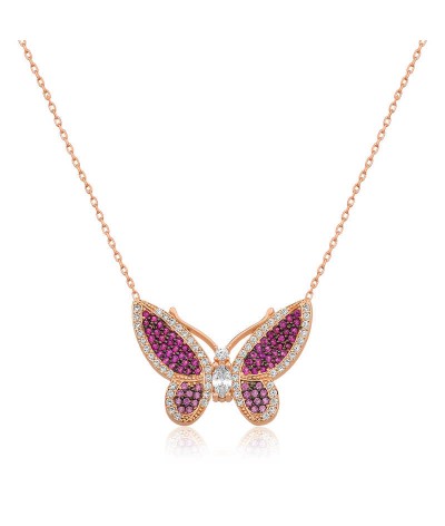 Gümüş Pembe Kelebek Bayan Kolye
