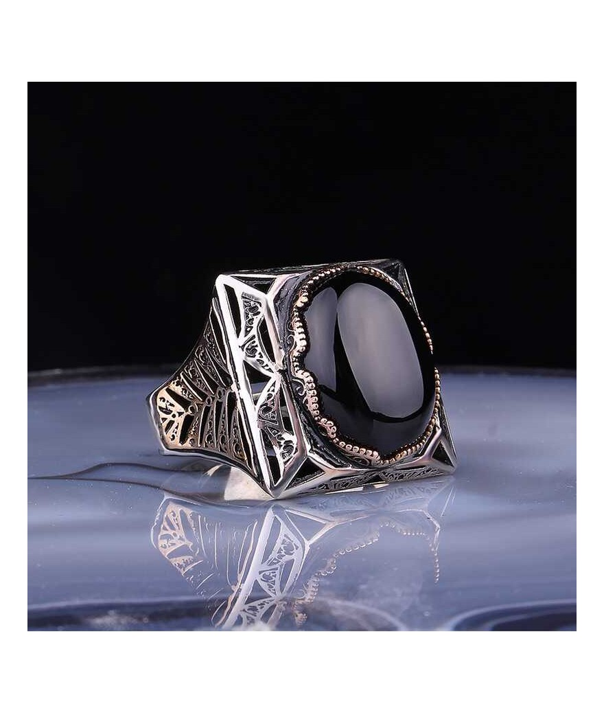 ​Gümüş Siyah Zirkon Taşlı Kare Erkek Yüzük