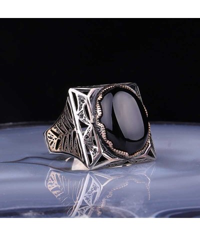 ​Gümüş Siyah Zirkon Taşlı Kare Erkek Yüzük