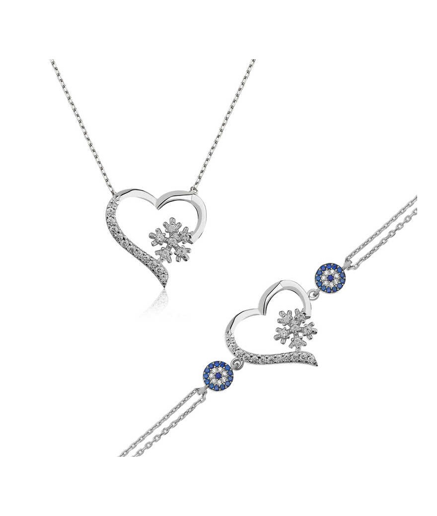 Gümüş Kalp Kar Tanesi Bayan Set