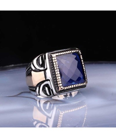 ​Gümüş Kare Fasetli Lacivert Taşlı Erkek Yüzük