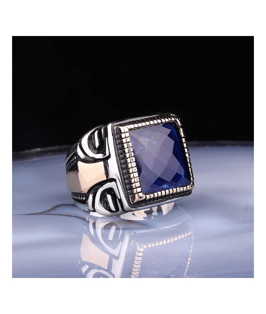 ​Gümüş Kare Fasetli Lacivert Taşlı Erkek Yüzük