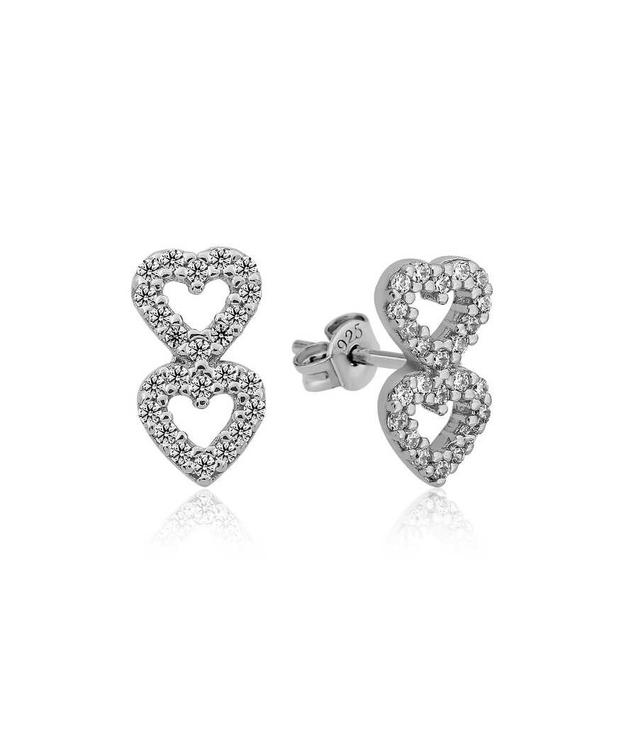 ​Gümüş İki Kalp Çivili Bayan Küpe