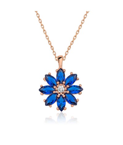 Gümüş Lacivert Çiçek Kolye