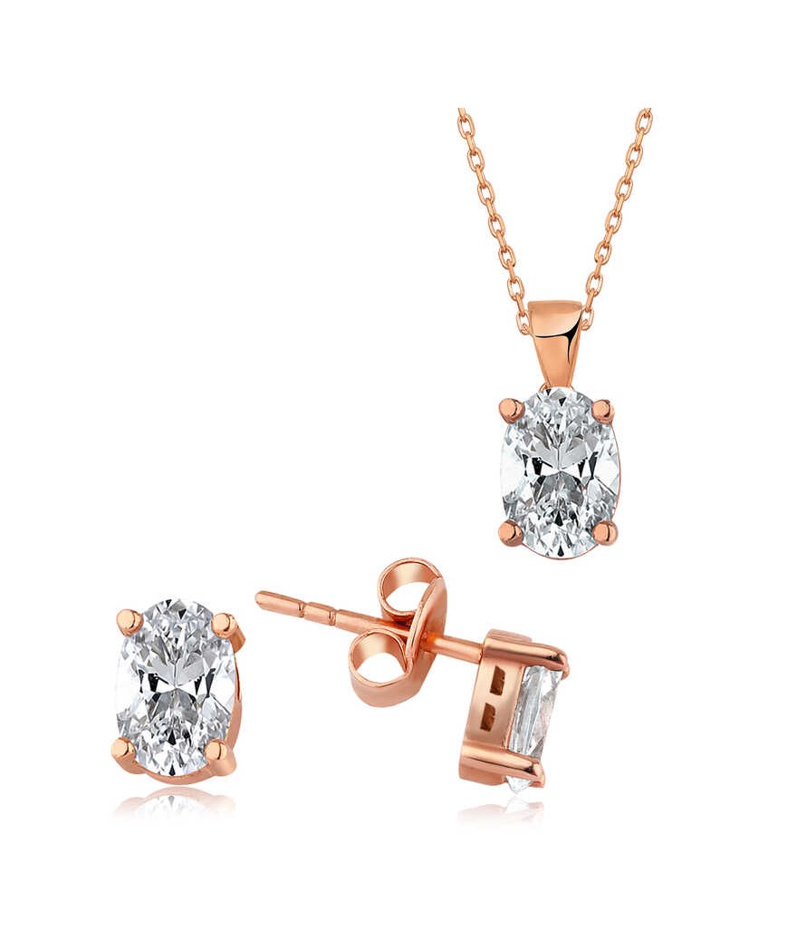 Gümüş Rose Oval Taş İkili Set