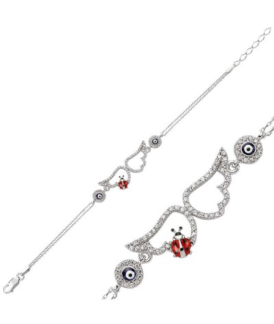 Gümüş Uğur Böcekli Melek Kanadı Bayan Bileklik