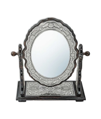 Gümüş Çiçek Desenli Oval Çift Taraflı Ayna