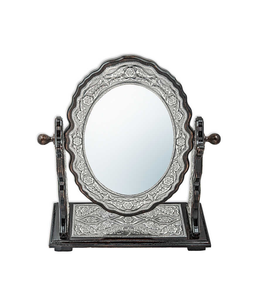 Gümüş Çiçek Desenli Oval Çift Taraflı Ayna
