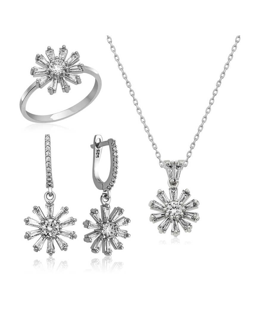 Gümüş Trapez Taşlı  Çiçek Bayan Set