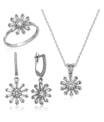 Gümüş Trapez Taşlı  Çiçek Bayan Set