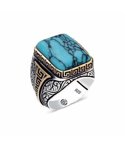 ​Gümüş Çizgili Turkuaz Taşlı Köşeli Erkek Yüzük