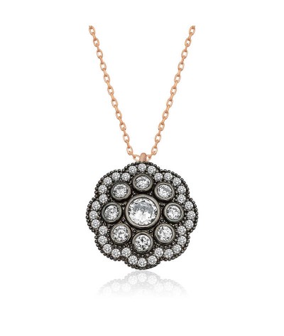 Gümüş Çiçek Desenli Elmas Montür Kolye