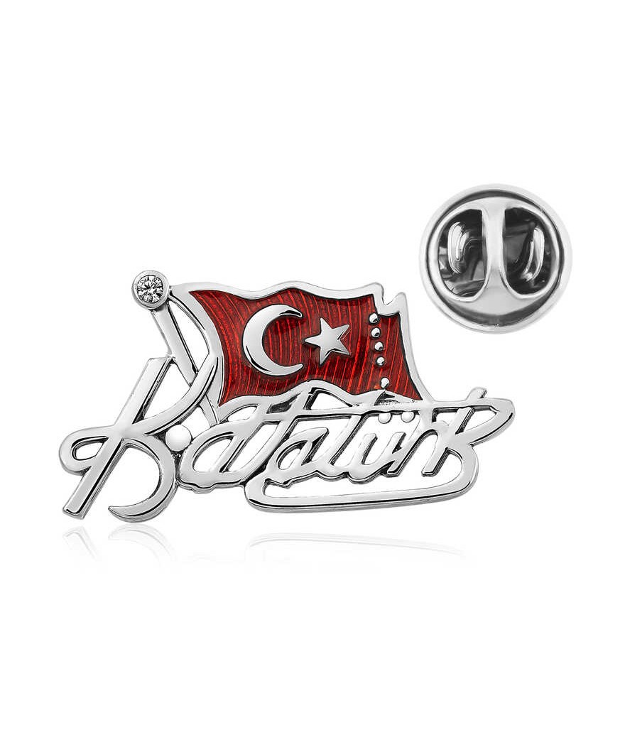 Gümüş Türk Bayrağı Kemal Atatürk İmzalı Rozet