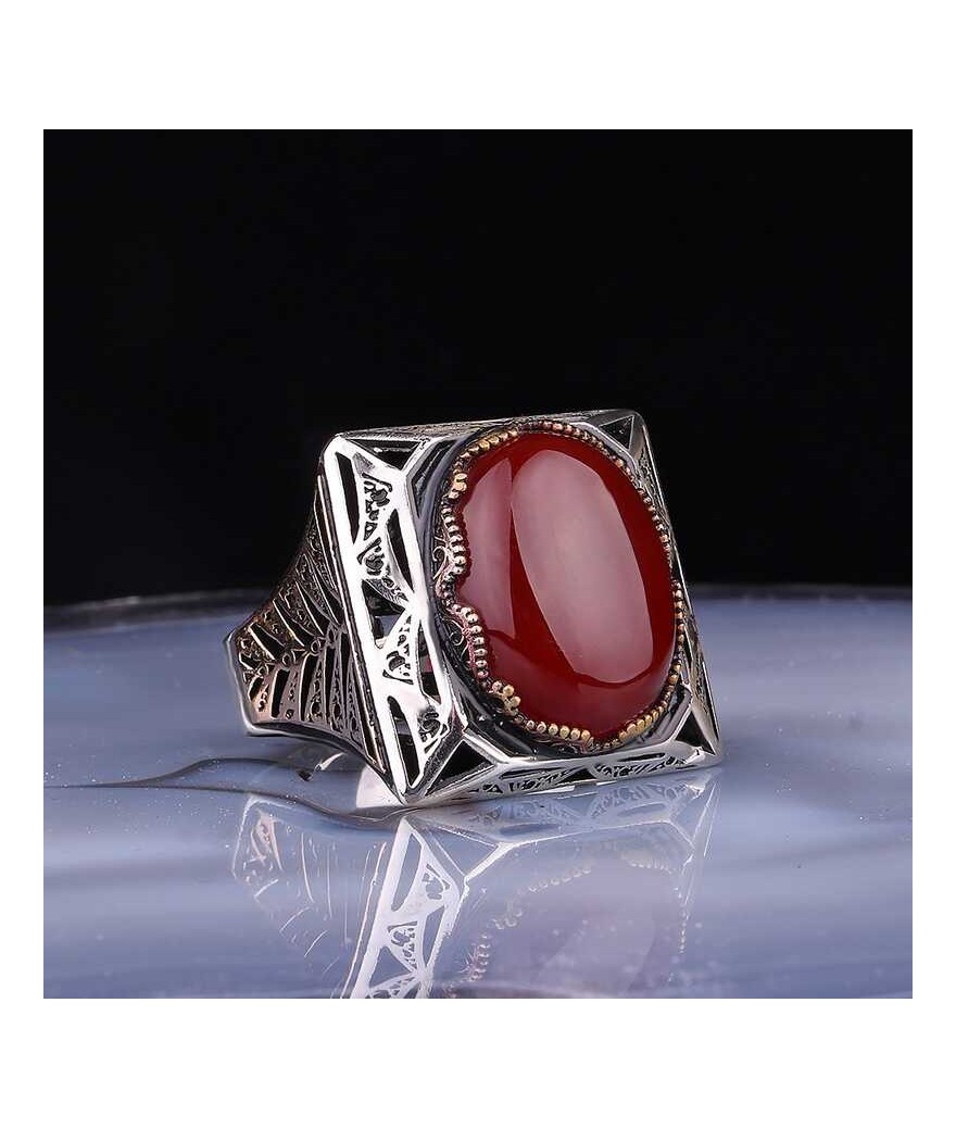 ​Gümüş Akik Taşlı Kare Erkek Yüzük