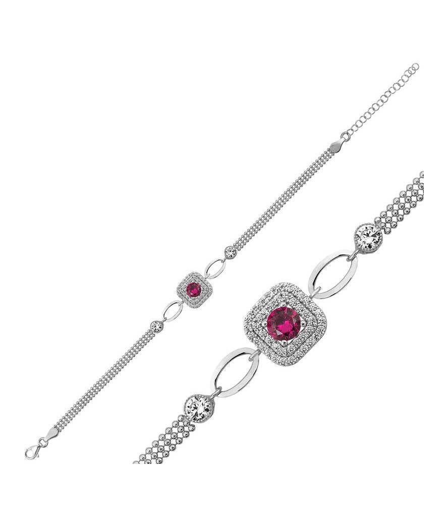 Gümüş Kare Montür Pembe Taşlı Bileklik