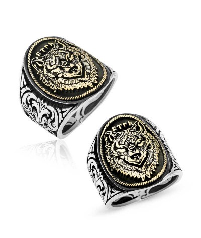 Gümüş Göktürkçe Türk Yazılı Kurt Kafası Erkek Yüzük