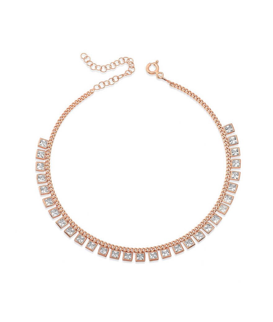 Gümüş Gurmet Zincirli Kare Zirkon Taşlı Rose Gold Halhal