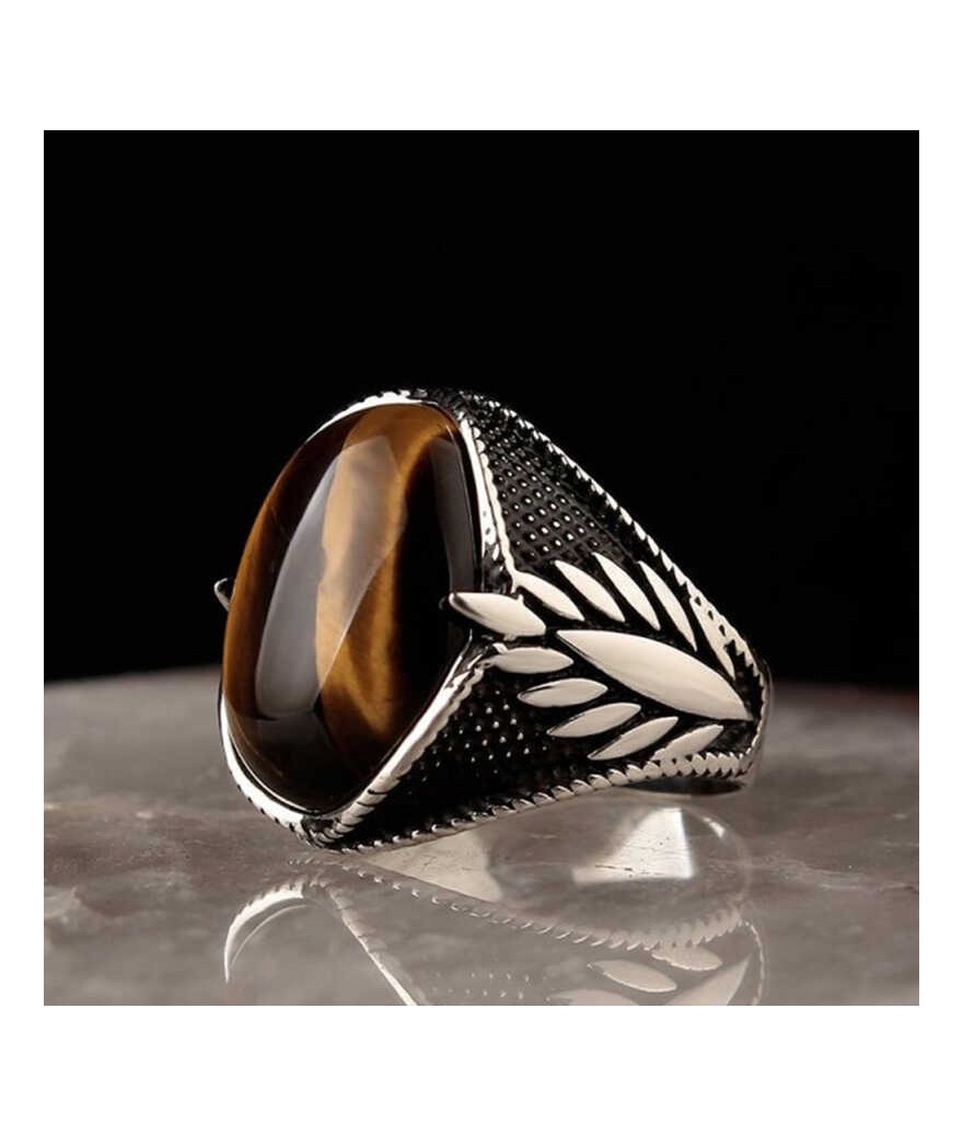 Gümüş Kaplangözü Taşlı İşlemeli Erkek Yüzük