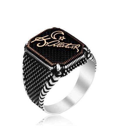 Gümüş Mustafa Kemal Atatürk İmzalı Ay Yıldızlı Erkek Yüzük