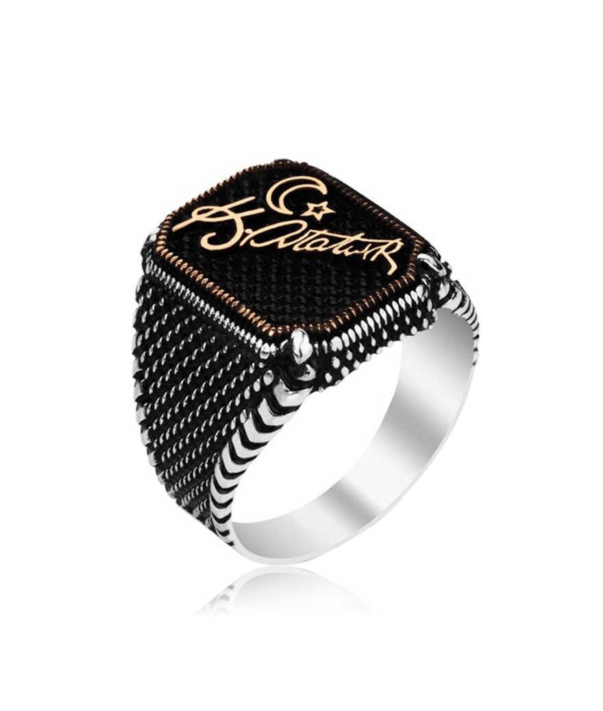 Gümüş Mustafa Kemal Atatürk İmzalı Ay Yıldızlı Erkek Yüzük