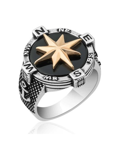 Gümüş Çapa Detaylı Pusula Erkek Yüzük