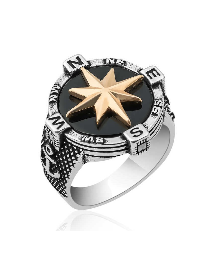 Gümüş Çapa Detaylı Pusula Erkek Yüzük