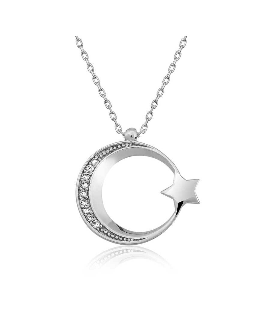 Gümüş Ay Yıldız Bayan Kolye