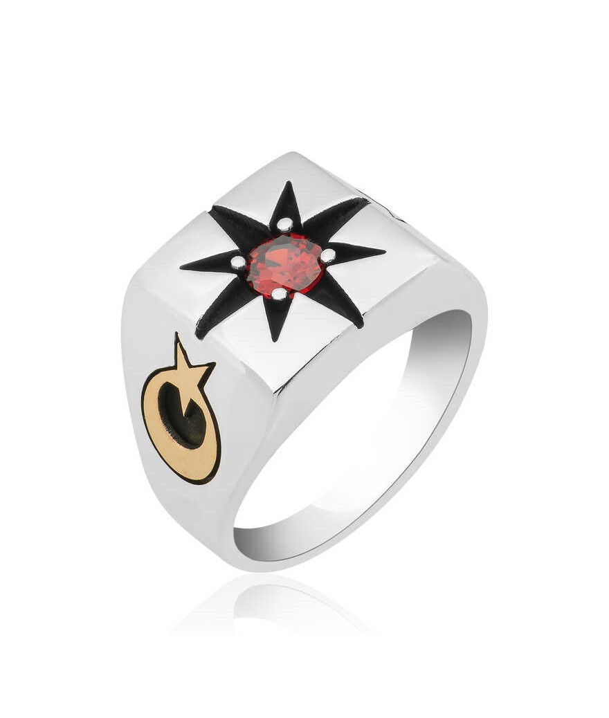 ​Gümüş Tek Taşlı Kutup Yıldızı Motifli Erkek Yüzük