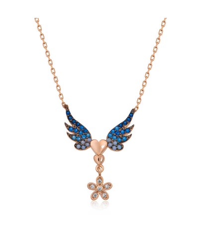 Gümüş Çiçekli Kanatlı Kalpli Kolye