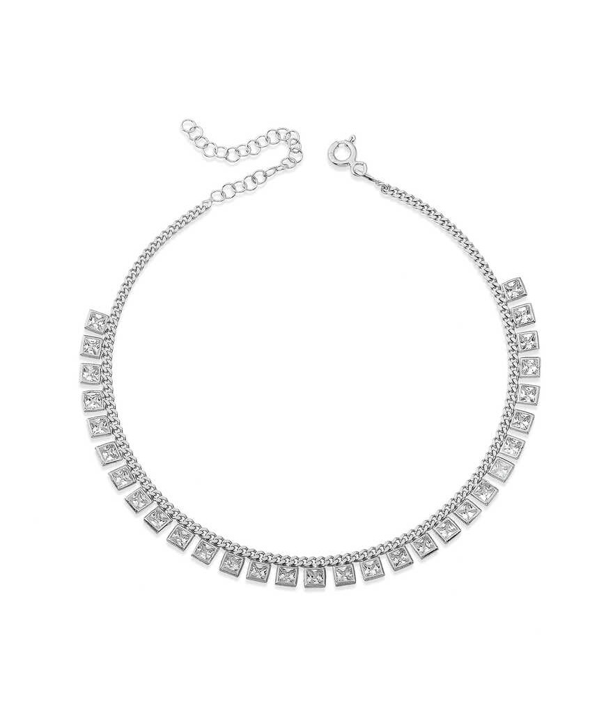 Gümüş Gurmet Zincirli Kare Zirkon Taşlı Rodyum Halhal